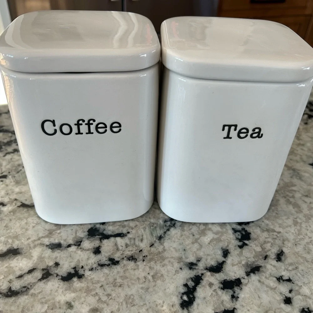 Crate&Barrel White Coffee and Tea Canisters